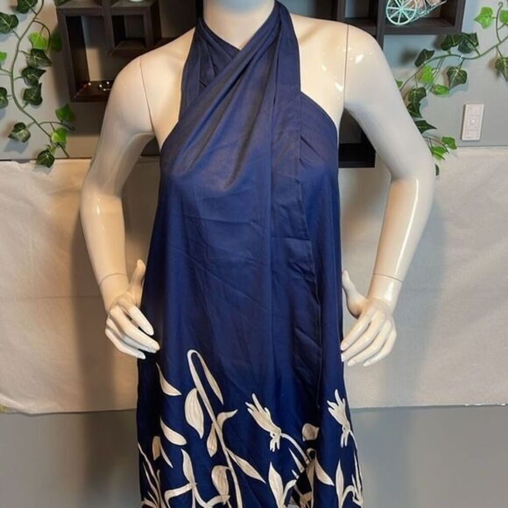 Cupshe Plant Print Criss-Cross Halter Navy Blue Casual Dress Size S RefCPS003 - Picture 3 of 13